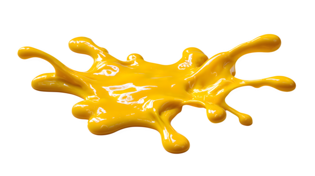 A single, vibrant edible paint splatter (e.g., bright yellow mango coulis) in a dynamic abstract shape on a conceptual white surface, isolated, modern food art.