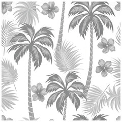 Seamless Tropical Pattern in Monotone Grey Vector Style with Exotic Elements
