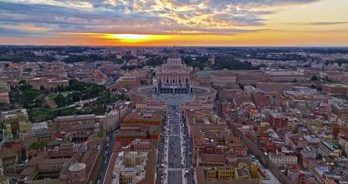 Aerial view of Papal Basilica of St. Peter's, Vatican at sunset, Rome, Italy