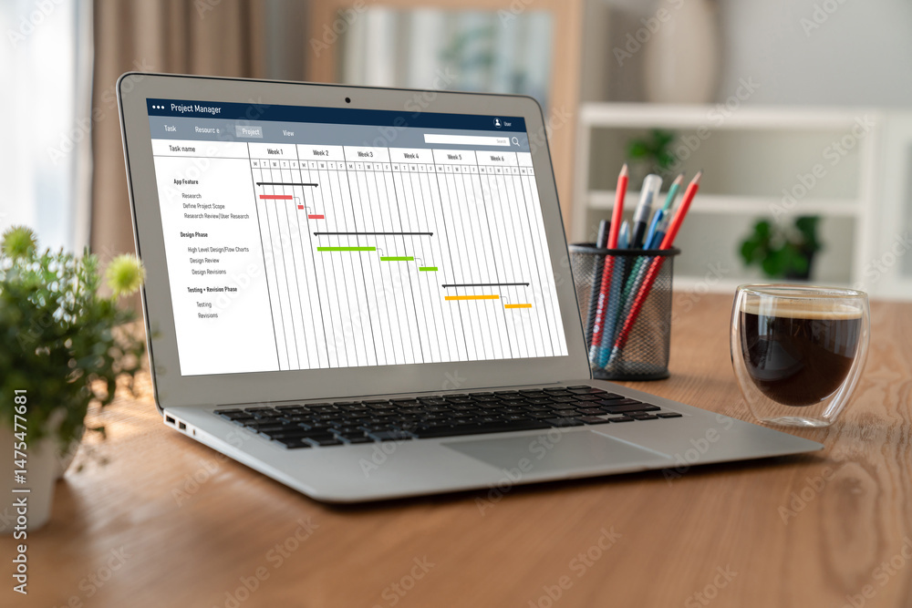 Poster project planning software for modish business project management on the computer screen showing time