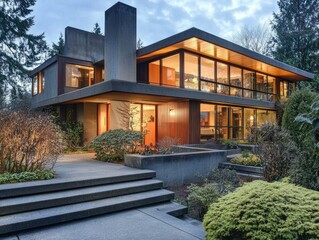 Fototapeta premium Modern architecture home exterior design with glass windows and trees