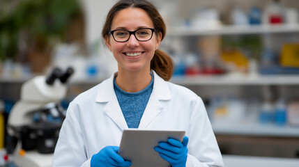 Caucasian female laboratory technician or scientist in white lab coat and holding tablet, copy space