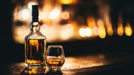 Premium Whisky Bottle and Glass on Bar Counter with Blurred Lights