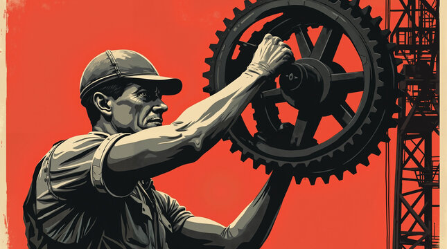 Worker powerfully turning gear against red background