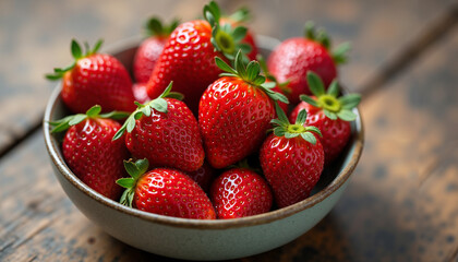 Fresh Strawberries close-up in teal bowl represents healthy eating summer dessert ingredient