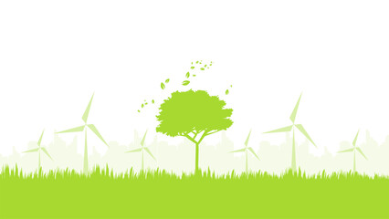 wind turbine on green field silhouette sustainable development environment concept vector illustration good for web banner, ads banner, campaign banner, wallpaper, backdrop and green campaign