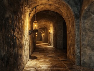Fototapeta premium Old stone tunnel with lanterns arched passage dungeon architecture