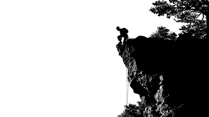 Rock climber on cliff edge silhouette vector isolated on white background  -  