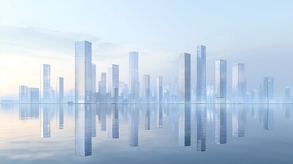 Panoramic cityscape of reflective glass skyscrapers and calm waters under a clear sky