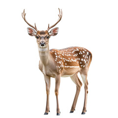Deer standing gracefully with antlers and spots on a plain Transparent background, roe deer isolated on PNG background