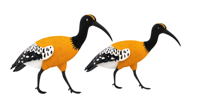 Two Orange and Black Pixelated Birds on Black Background