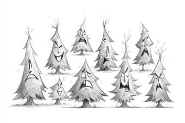 Collection of whimsical pencil-drawn pine trees with various expressions.