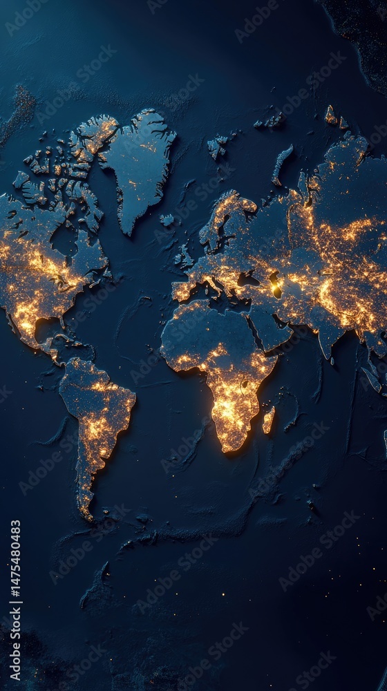 Poster illuminated global map showing city lights on a dark blue background depicting population density an