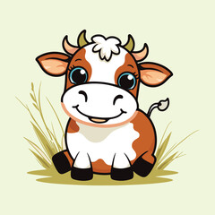 A cute cartoon cow with brown and white patches, big blue eyes, and small horns sits happily in some grass.