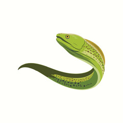 Fototapeta premium A bright green moray eel with yellow eyes and dark spots is shown swimming in a curved posture against a white background.