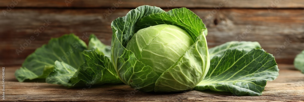 Poster fresh cabbage head with outer leaves resting on a rustic wooden table in a kitchen setting