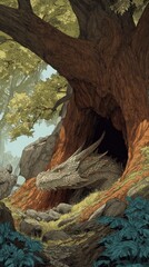 A serene forest scene with a dragon resting beneath a large tree.