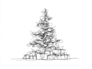 Elegant christmas tree design in a continuous line drawing style.