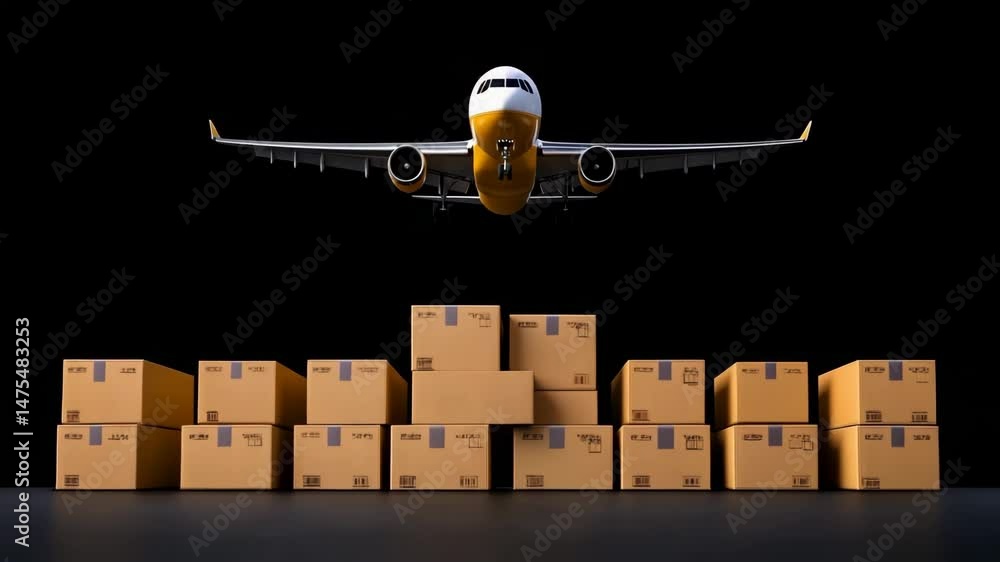 Poster global cargo: a modern jet aircraft soaring over a meticulously arranged array of cardboard boxes, c