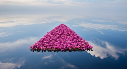 A triangular cluster of pink flowers floats on calm water, mirroring the partly cloudy sky. The soft petals and delicate reflection create a peaceful, dreamlike scene.
