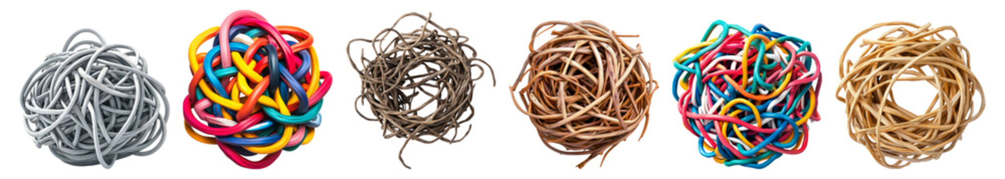 Colorful and Disordered Rubber Bands in Various Arrangements Isolated Transparent Background