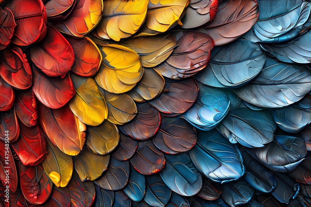 Poster colorful abstract feather pattern with red, yellow and blue overlapping shapes, textured surface res