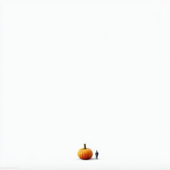 Obraz premium A single small figure facing a large pumpkin on a plain white background.