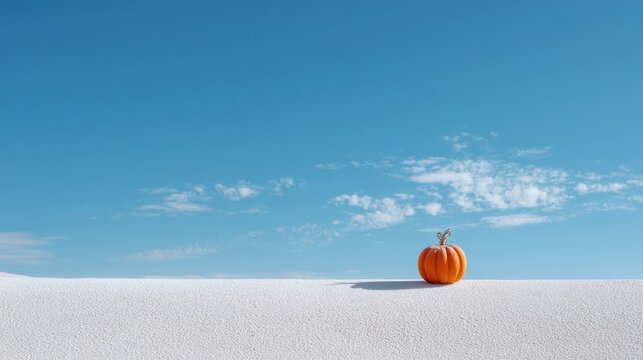 Single orange pumpkin on a vast expanse of white sand under a bright blue sky.