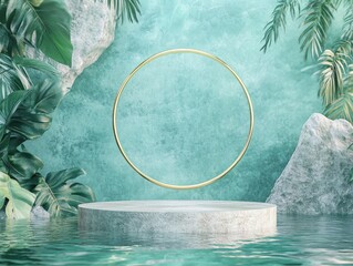 Serene oasis backdrop with circular frame and stone platform