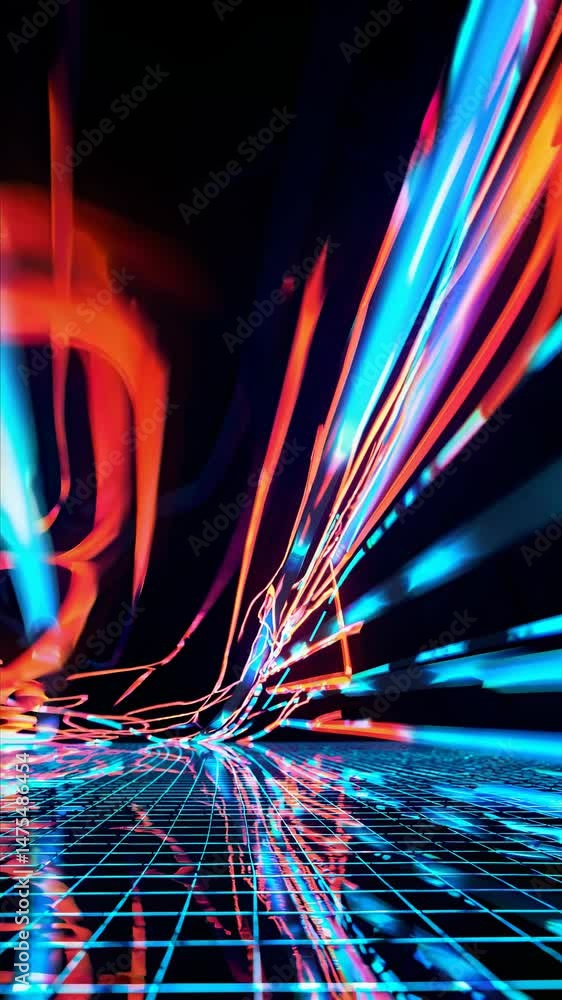 Poster dynamic, futuristic video concept with neon light trails and a grid floor, captured from a low-angle