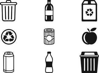 Fototapeta premium Recycling and Waste Management Silhouette Icons ? Eco-Friendly Solid Black Vector Set