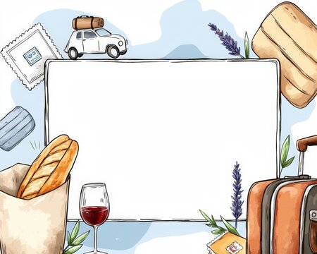 Travel-themed background with bread, wine glass, suitcase, car, lavender, and empty space for text, creating a cozy and inviting scene for vacations or adventures