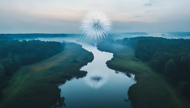 Fireworks over misty river landscape. - Powered by Adobe