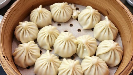 Fototapeta premium Fresh dumplings arranged in a circular bamboo steamer.