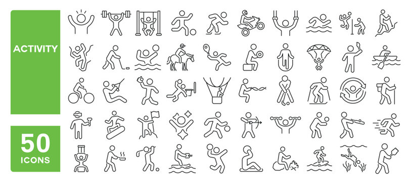 Set of 50 line icons related to activity, sports, play, vacation, leisure, hobby, recreation, Editable stroke. Vector illustration