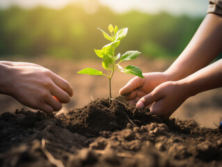 Hands planting young sapling in earth