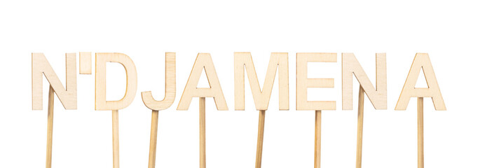 N'Djamena, capital of Chad, in light wood typeface isolated on white background, clean and sober design