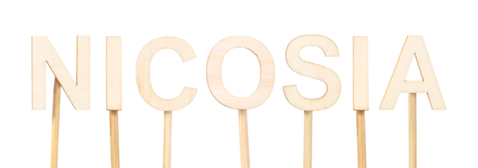 Nicosia, capital of Cyprus, in wood letters on white background, ideal for geographic or cultural content