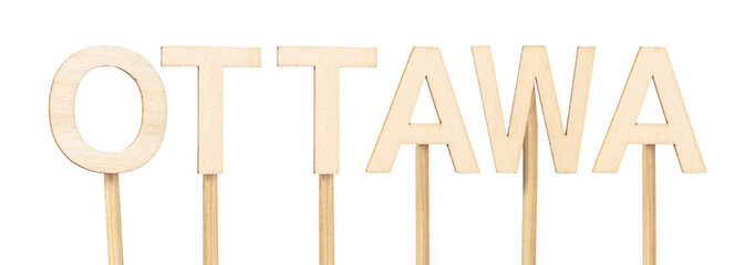 Ottawa, capital of Canada, written in large wooden letters on a pure white background