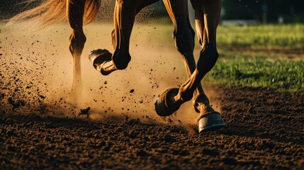Close-Up of Horse Hooves Kicking Up Dirt on the Race Track