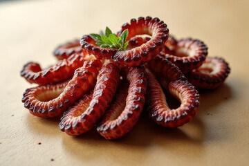 Grilled Octopus Food Photography: Moody Low Key Style on Light Beige Background