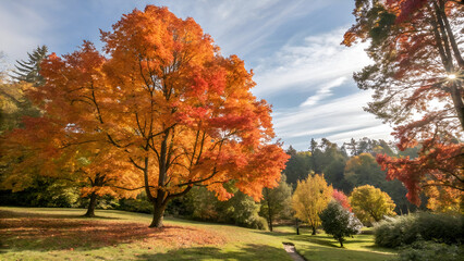 Naklejka premium Autumn Forest Background with Falling Leaves and Warm Sunset Light 