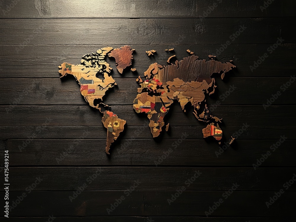 Poster world map constructed of various textured materials against a dark wooden backdrop with directional 