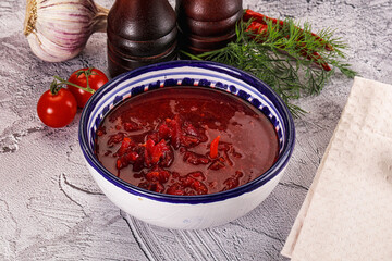 Homemade red soup Borsch with cabbage