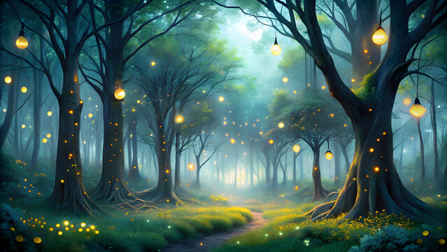 Mystical Forest with See-Through Trees and Light Cores