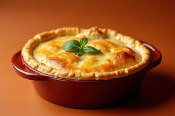 Creamy Chicken Pot Pie Photography: Clean Food Style, Terracotta Background, Window Backlight