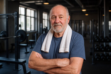 Confident Elderly Man Standing in Modern Gym After Workout, Wearing a Towel on Shoulders, Promoting Active Senior Lifestyle and Healthy Aging Through Regular Physical Exercise and Strength Training