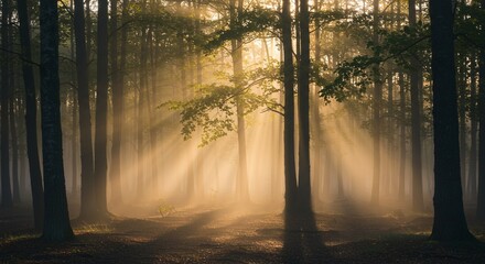 Obraz premium A serene forest at dawn with soft morning light filtering through the trees, mist rising from the ground