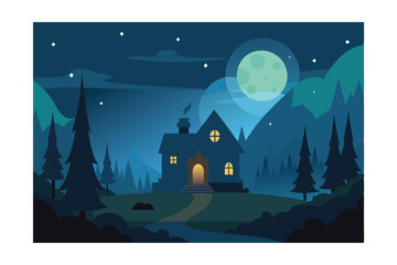 Witch House in Forest Landscape at Night 