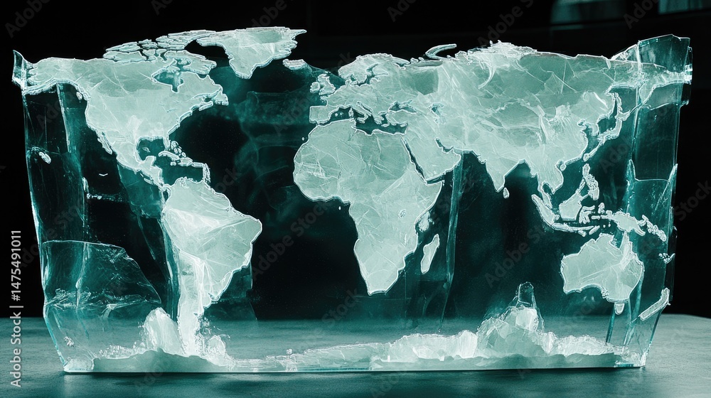 Poster a turquoise illuminated world map sculpture is displayed against a dark backdrop showcasing continen